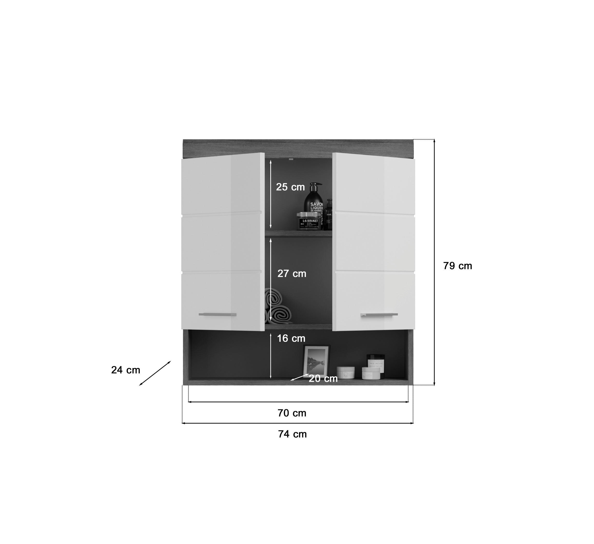 Thumbnail - Mid.you Hängeschrank Scout, Anthrazit, Grau, Weiß Hochglanz, Holzwerkstoff, 2 Fächer, 74x79x24 cm, FSC Mix, hängend, Bad...
