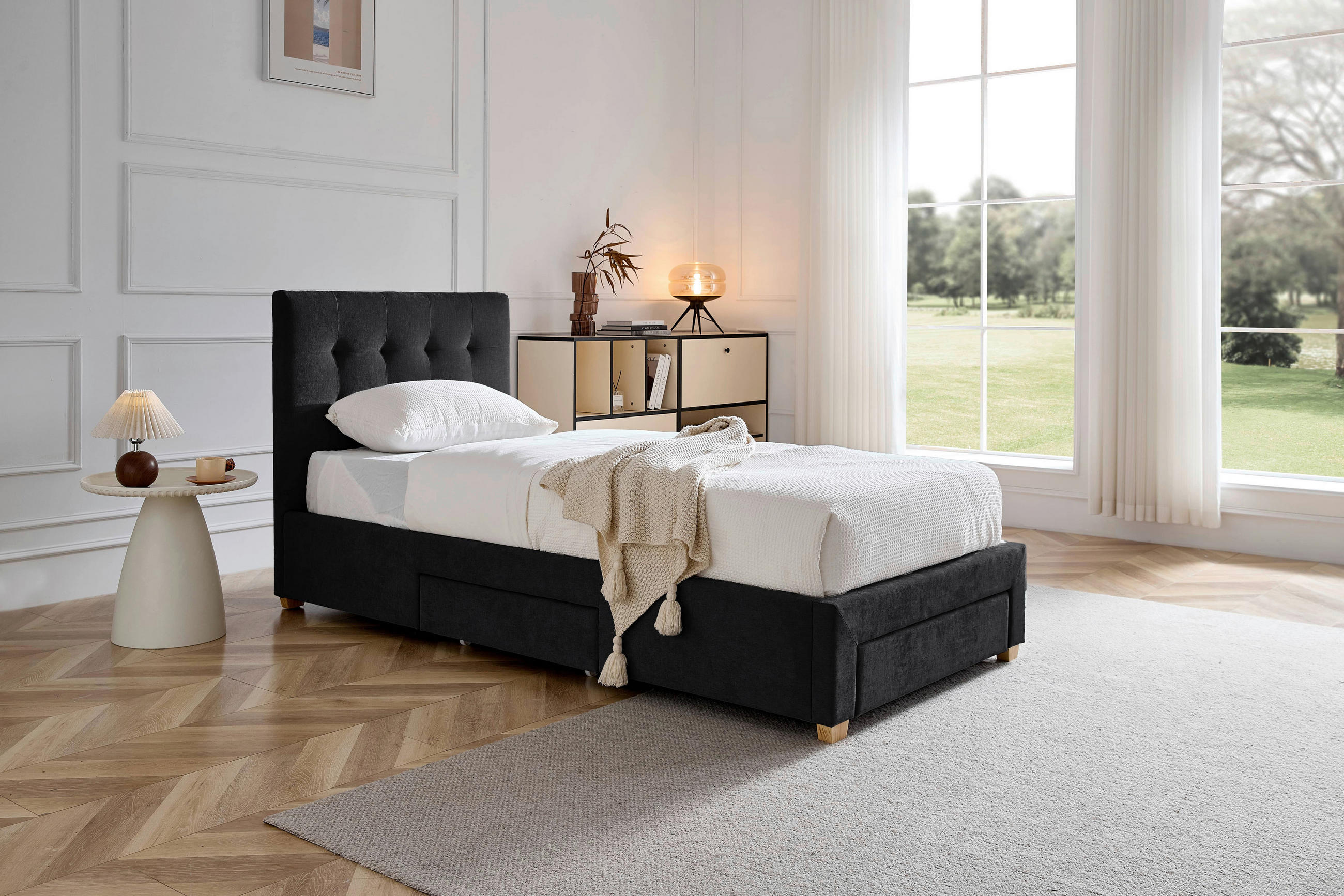 POLSTERBETT 90/200 cm, inkl. gepolstertes Kopfteil, Lattenrost, Bettschubladen,  in Dunkelgrau  - Dunkelgrau/Naturfarben, Design, Holz/Textil (90/200cm) - Boxxx