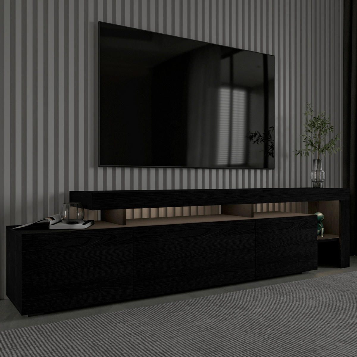 LOWBOARD Beliz TV-Schrank  in 192/53/37 cm  - Schwarz, Design, Holzwerkstoff (192/53/37cm) - Livetastic