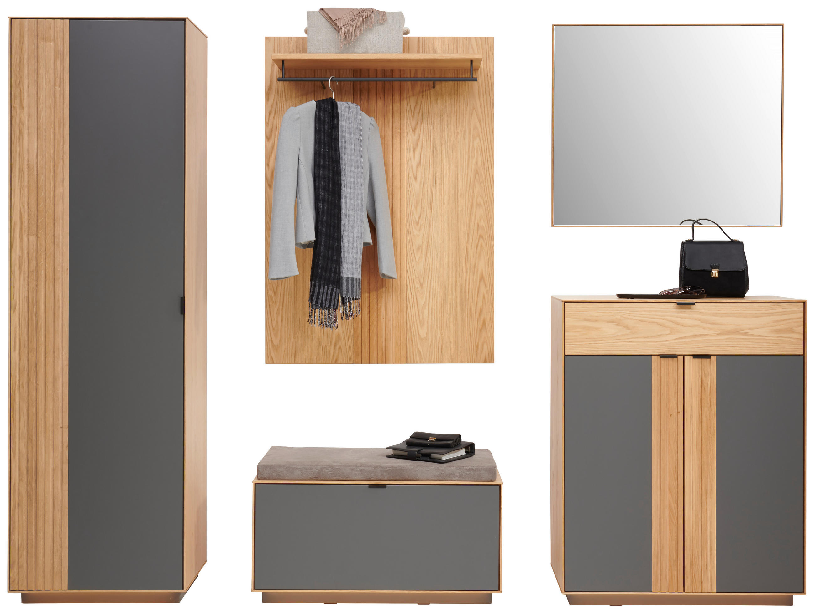 GARDEROBE 6-teilig  in 250/200/42 cm  - Eichefarben/Grau, Natur, Holz/Holzwerkstoff (250/200/42cm) - Linea Natura