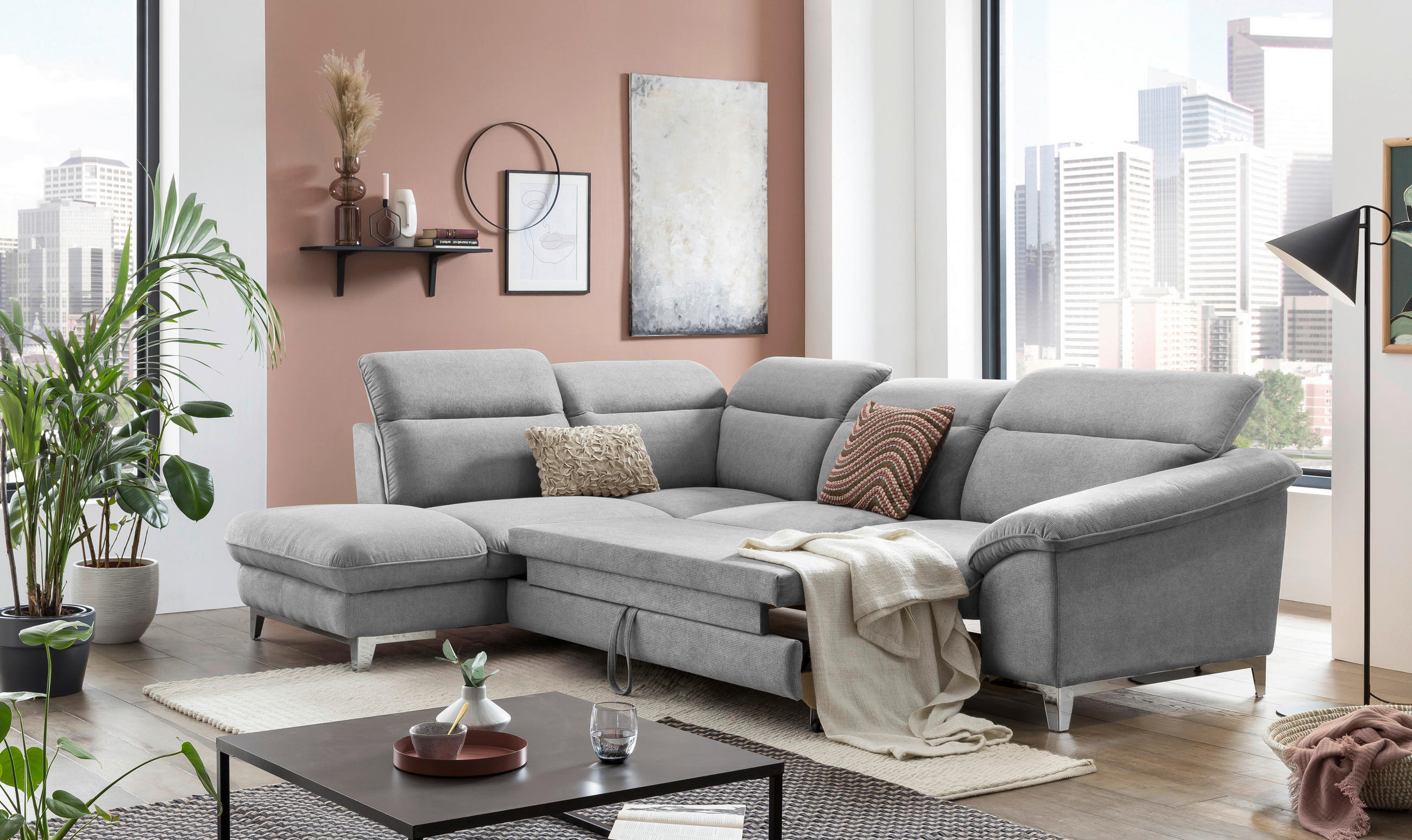 ECKSOFA in Chenille Hellgrau  - Chromfarben/Hellgrau, Design, Textil/Metall (232/293cm) - Livetastic