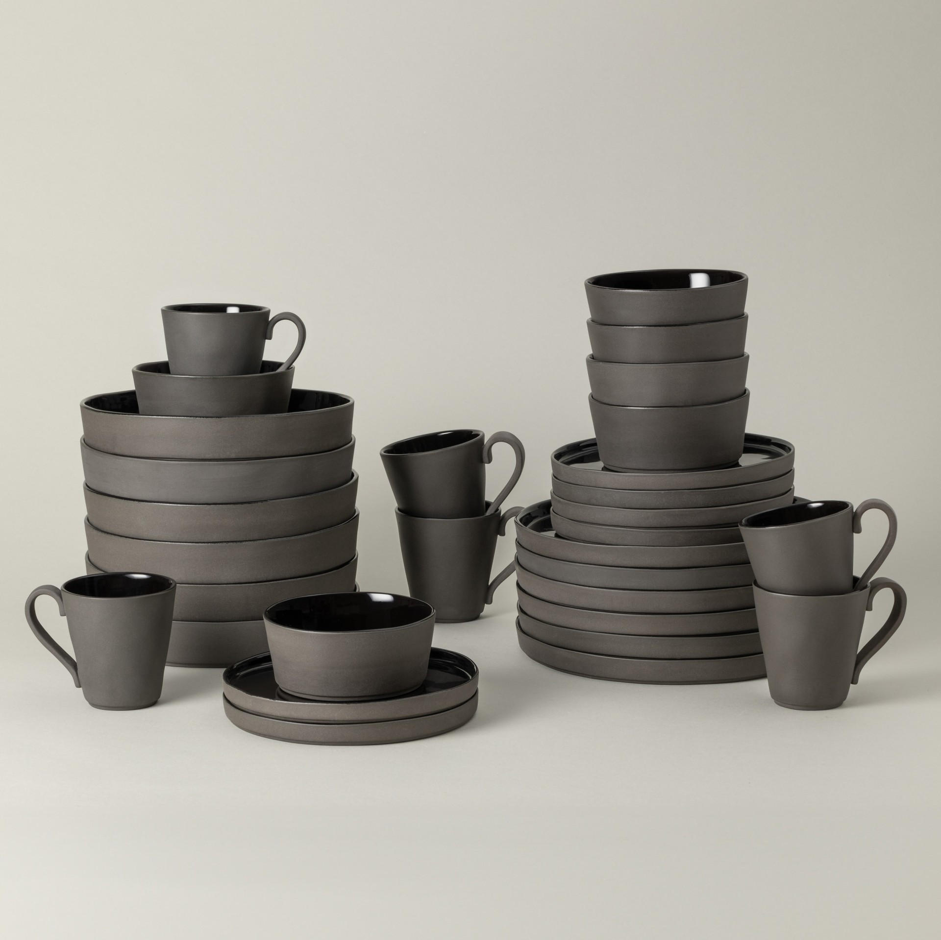 KOMBISERVICE Grau, Schwarz Hochglanz LAGOA ECOGRES 30-teilig 6 Personen  - Schwarz Hochglanz/Grau, Basics, Keramik - Costa Nova