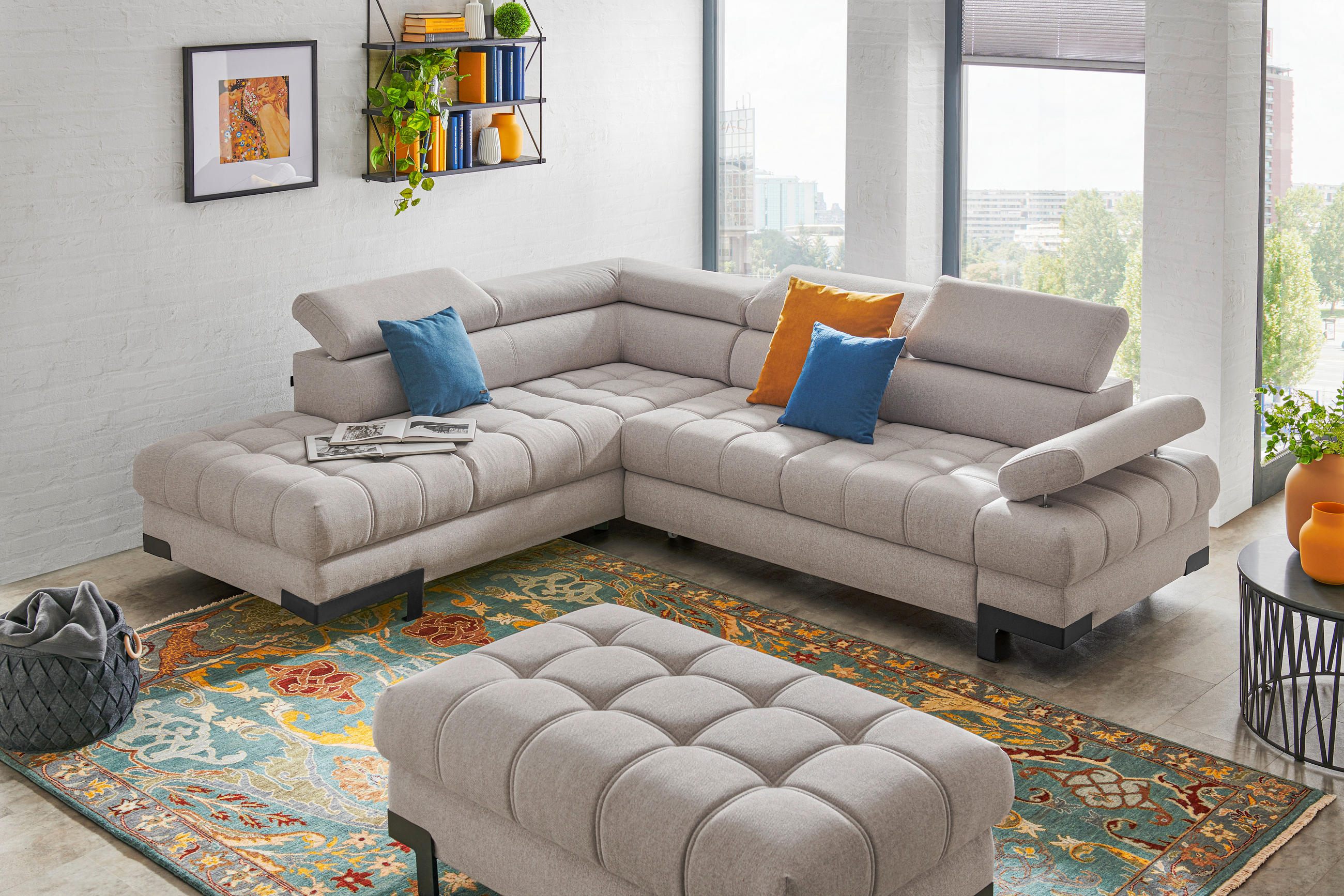 KOTNA SEDEŽNA GARNITURA, tkanina svetlo modra  - svetlo modra/črna, Design, kovina/tekstil (223/263cm) - Welnova