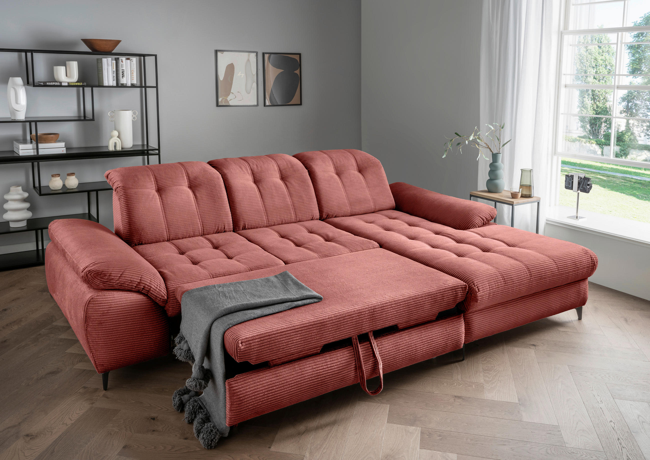 ECKSCHLAFSOFA in Cord Koralle  - Koralle/Schwarz, Modern, Textil/Metall (273/189cm) - Livetastic