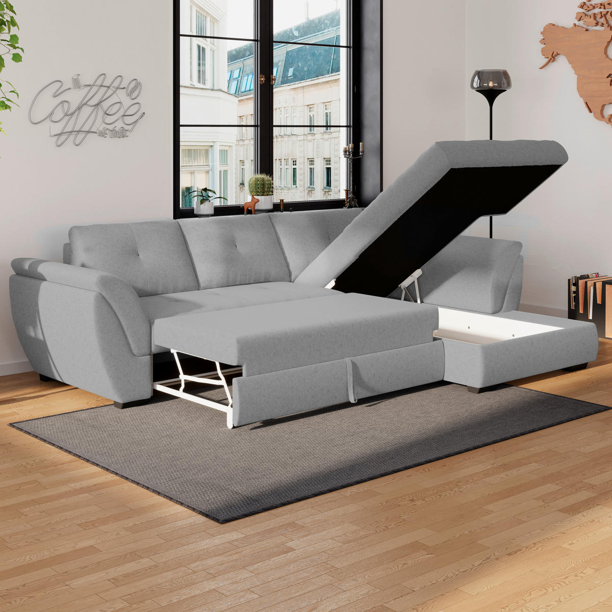 ECKSOFA in Webstoff Grau  - Schwarz/Grau, Design, Kunststoff/Textil (278/187cm) - Livetastic