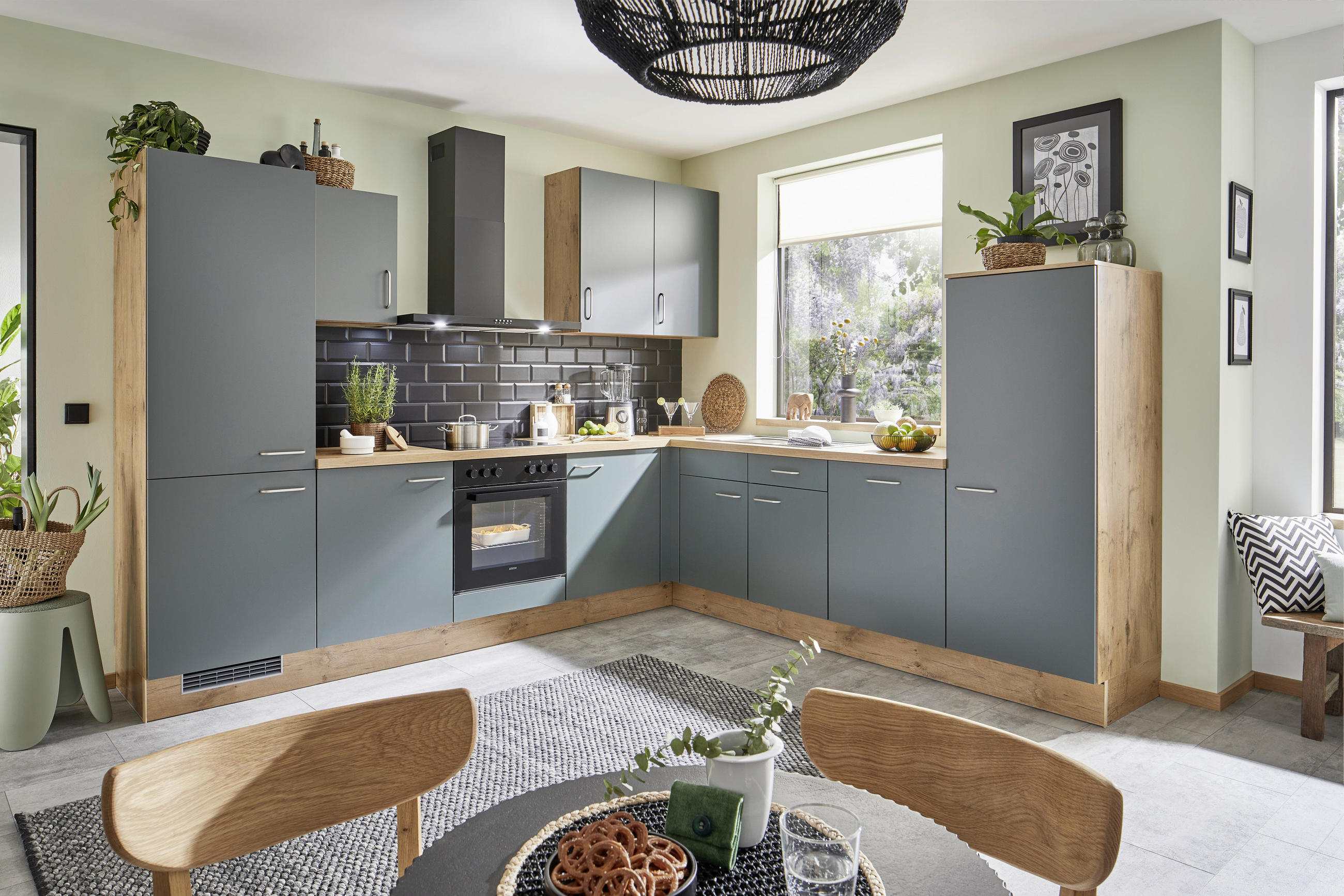 ECKKÜCHE 305/285 cm  in Grün, Eichefarben  - Edelstahlfarben/Eichefarben, Basics, Holzwerkstoff/Metall (305/285cm) - Venda