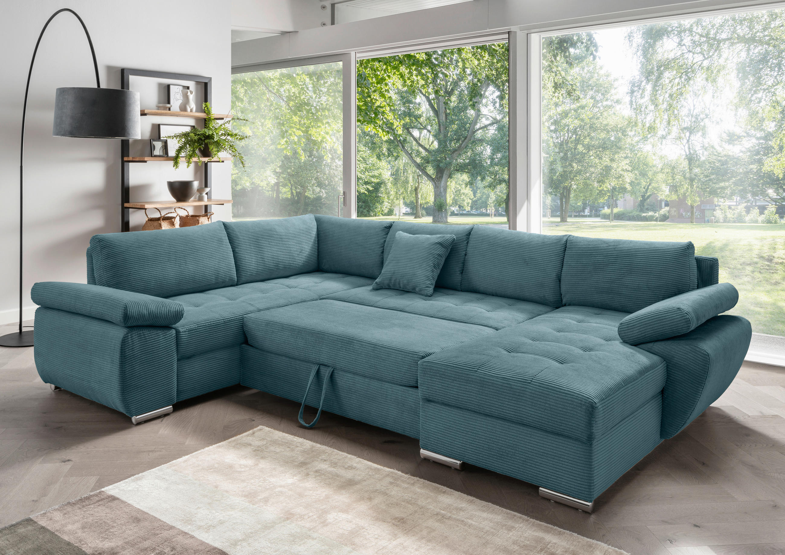 Wohnlandschaft in Cord Petrol  - Chromfarben/Petrol, KONVENTIONELL, Textil/Metall (219/305/157cm) - Livetastic