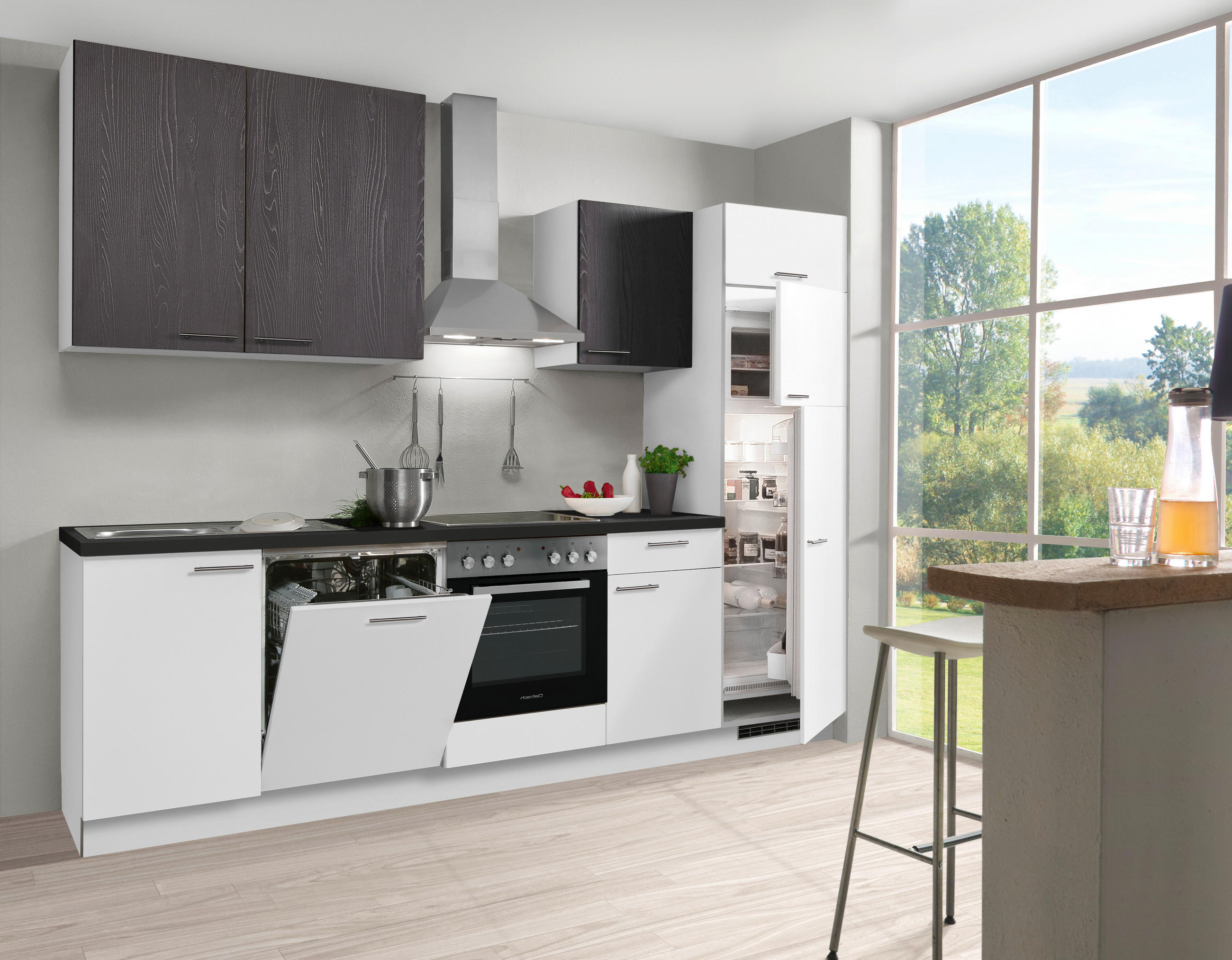 KÜCHENBLOCK 280 cm   in Schwarz, Weiß  - Edelstahlfarben/Schwarz, KONVENTIONELL, Holzwerkstoff/Metall (280cm) - Welnova