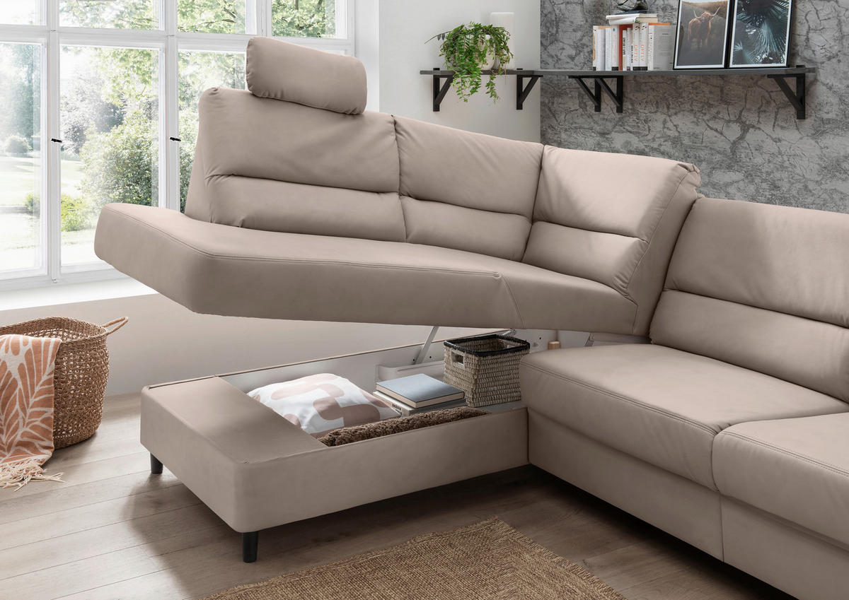ECKSOFA in Lederlook Beige  - Beige/Schwarz, Modern, Holz/Textil (190/266cm) - Livetastic