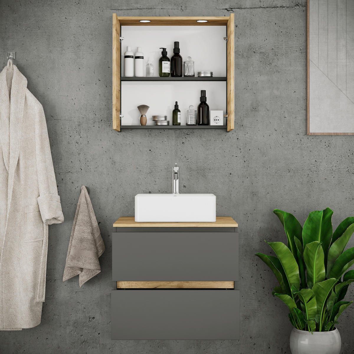 BADEZIMMER 3-teilig  in 60 cm  - Honigeiche/Anthrazit, Trend, Keramik/Holzwerkstoff (60cm) - MID.YOU