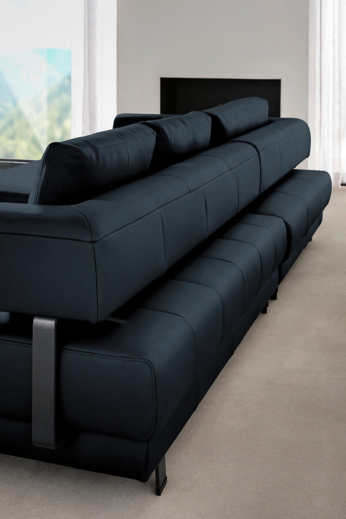 ECKSOFA in Echtleder Dunkelblau  - Schwarz/Dunkelblau, Design, Leder/Metall (188/307cm)