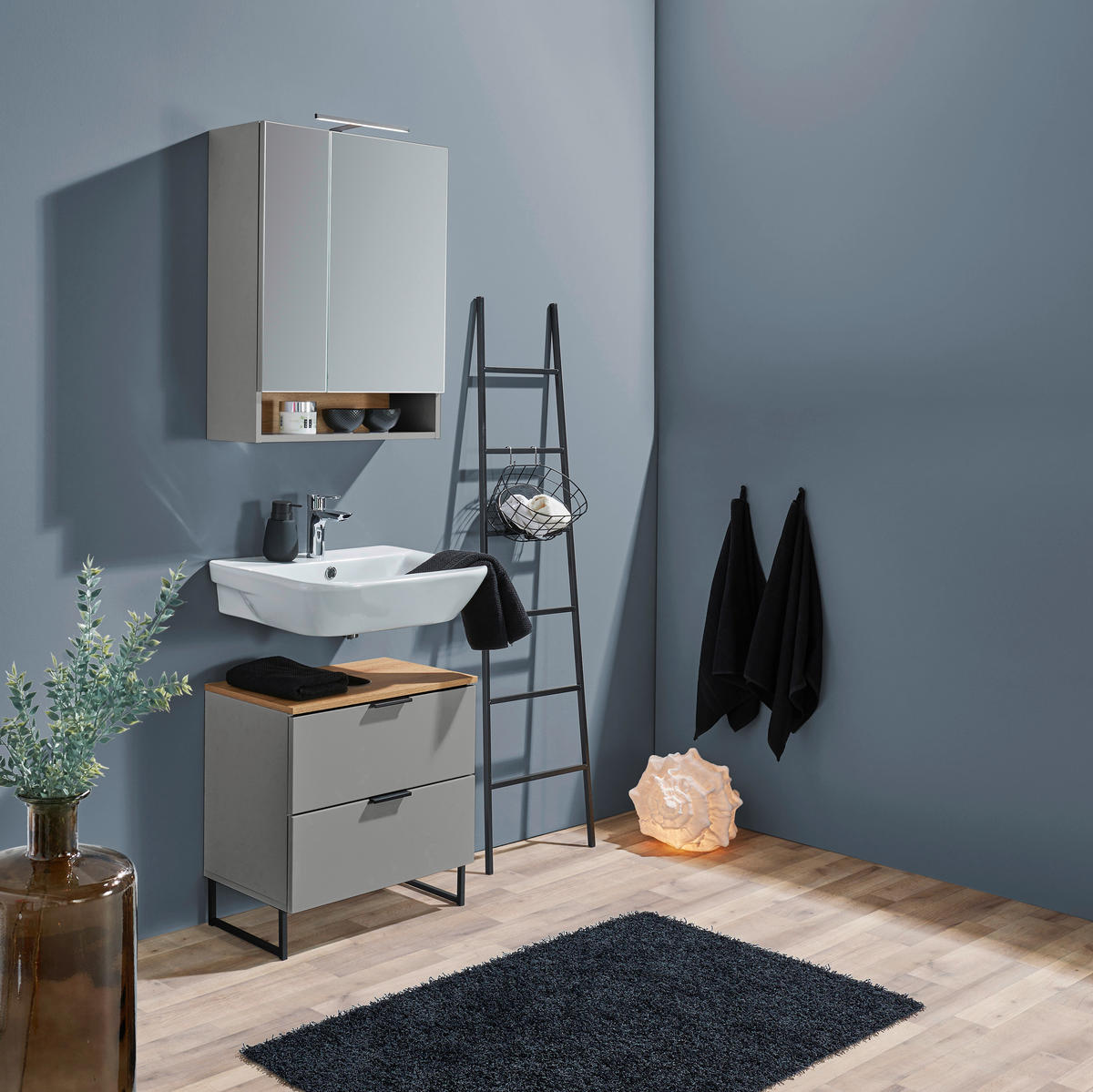 WASCHBECKENUNTERSCHRANK 60/60/35 cm  - Eichefarben/Schwarz, KONVENTIONELL, Holzwerkstoff/Metall (60/60/35cm) - home24