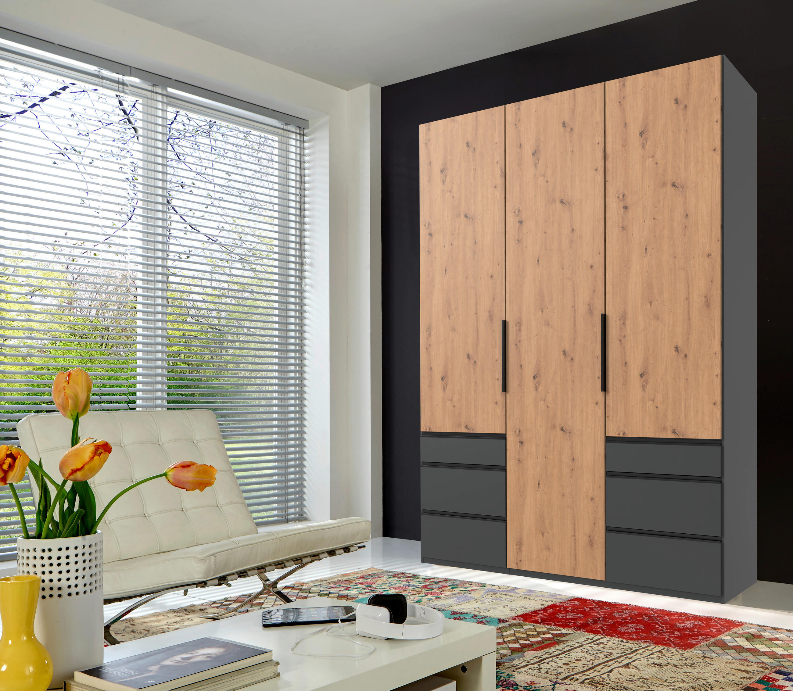 DREHTÜRENSCHRANK  in Graphitfarben, Eiche Artisan  - Schwarz/Graphitfarben, KONVENTIONELL, Holzwerkstoff/Metall (150/236/58cm) - Hom`in