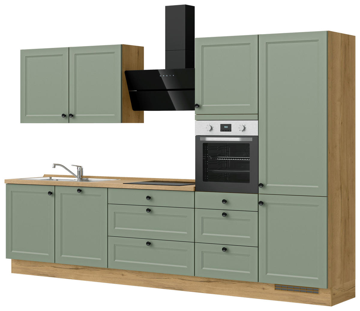 KÜCHENBLOCK Cascada 330 cm  in Eichefarben, Schilfgrün  - Schilfgrün/Eichefarben, MODERN, Holzwerkstoff/Metall (330cm) - Nobilia