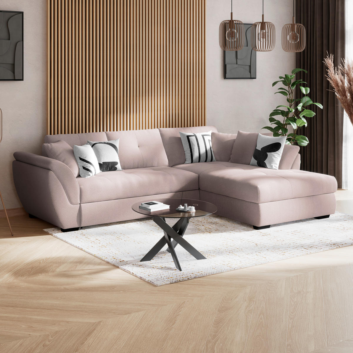 HÖRNSOFFA i greige  - greige/svart, Klassisk, textil (278/187cm) - MID.YOU