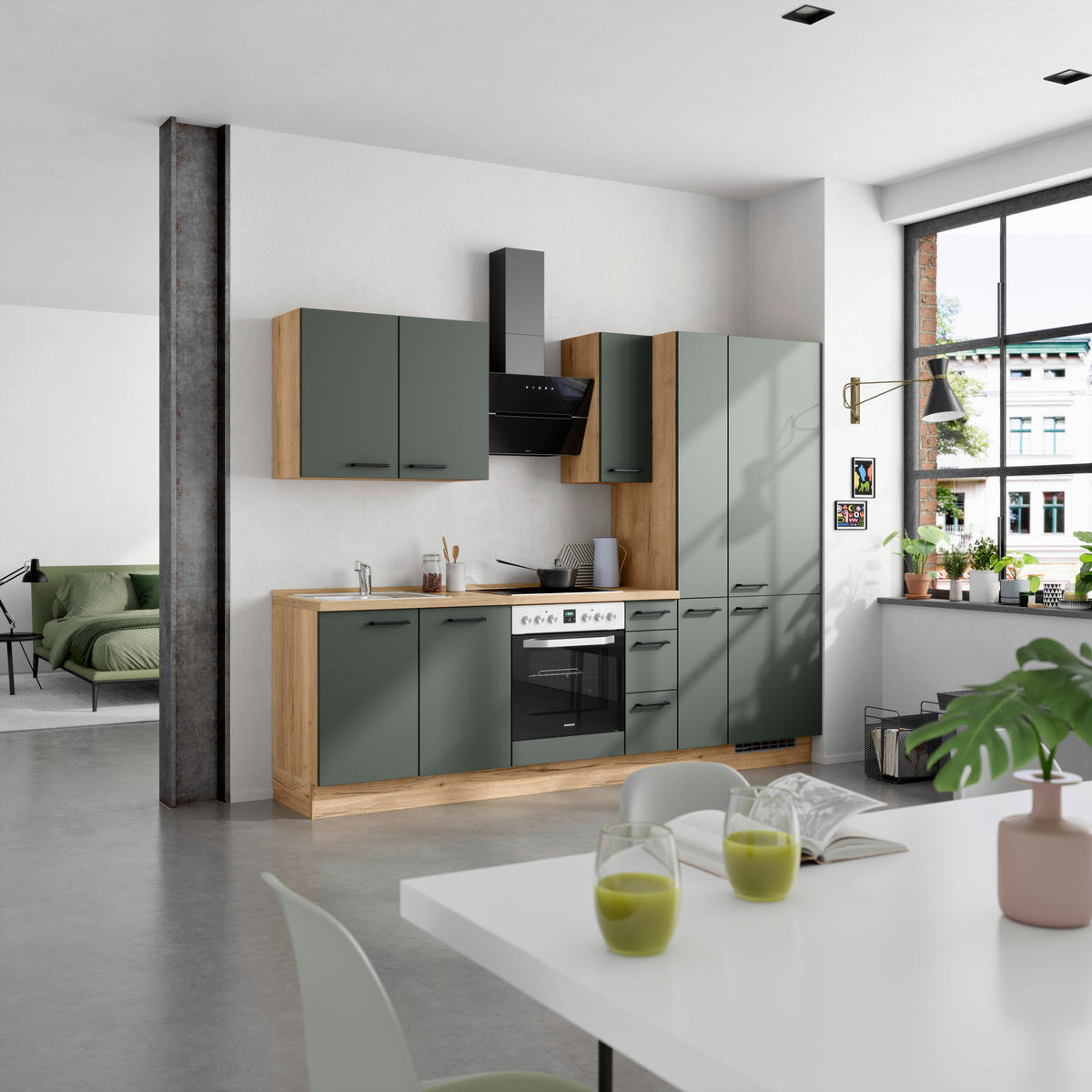 KÜCHENBLOCK Easytouch 270 cm  in Eichefarben, Dunkelgrün  - Dunkelgrün/Eichefarben, MODERN, Holzwerkstoff/Metall (270cm) - Nobilia