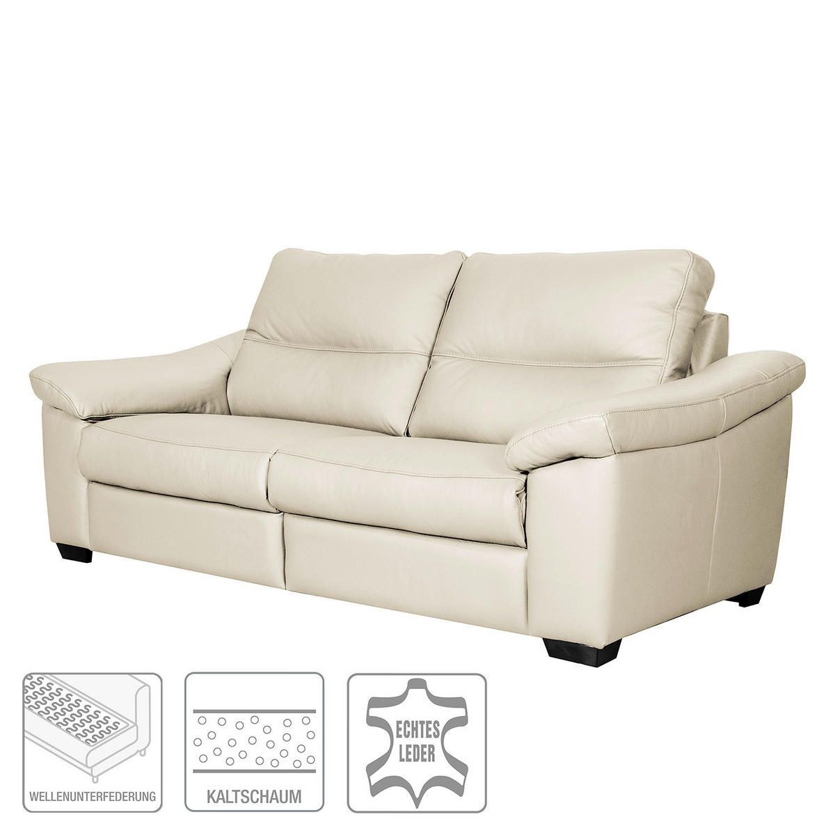 2,5-SITZER  in Echtleder Creme   - Creme/Schwarz, Design, Leder/Holz (214/97/97cm) - Livetastic