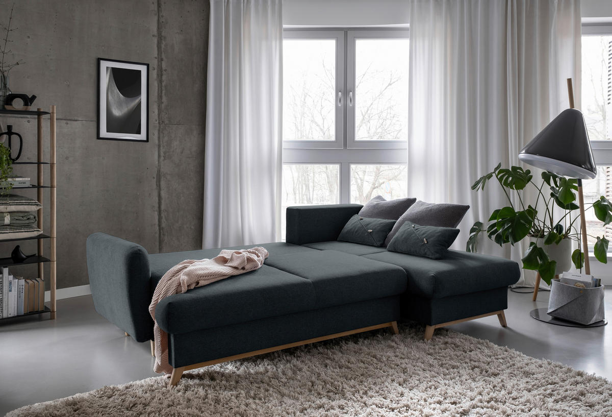 KUTNA GARNITURA tekstil  tamno siva   - tamno siva/prirodne boje, tekstil/drvo (235/157cm) - MID.YOU