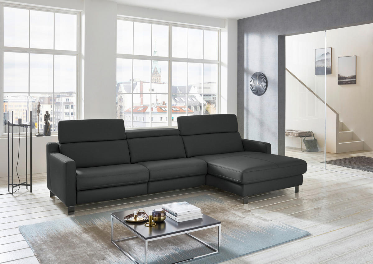 ECKSOFA in Echtleder Anthrazit  - Anthrazit/Schwarz, Design, Leder/Metall (291/176cm) - Valdera