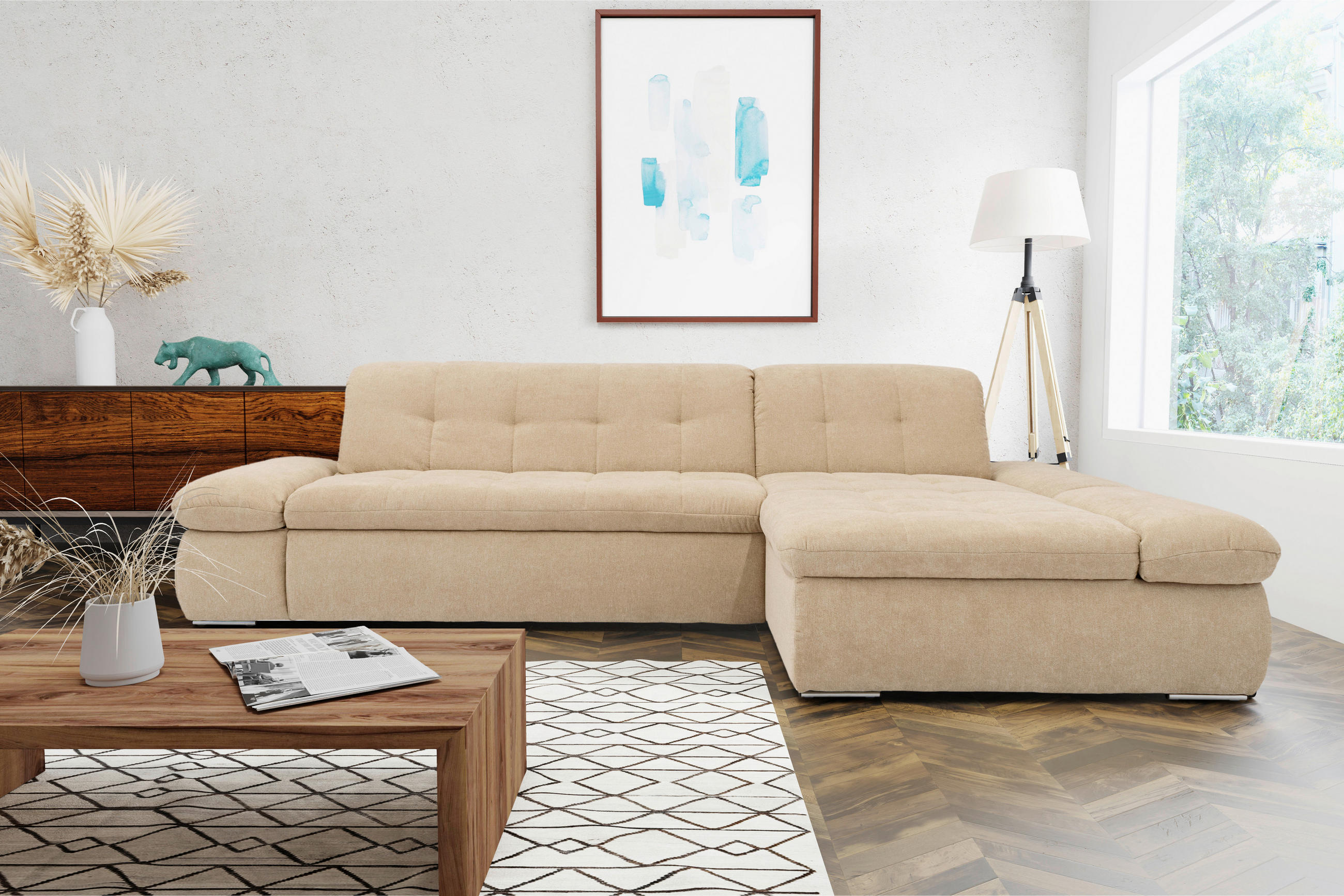 Thumbnail - Mid.you Ecksofa, Beige, Textil, Uni, 3-Sitzer, L-Form, 300x172 cm, Made in EU, Schlafen auf Sitzhöhe, Rücken echt, Wohnz...