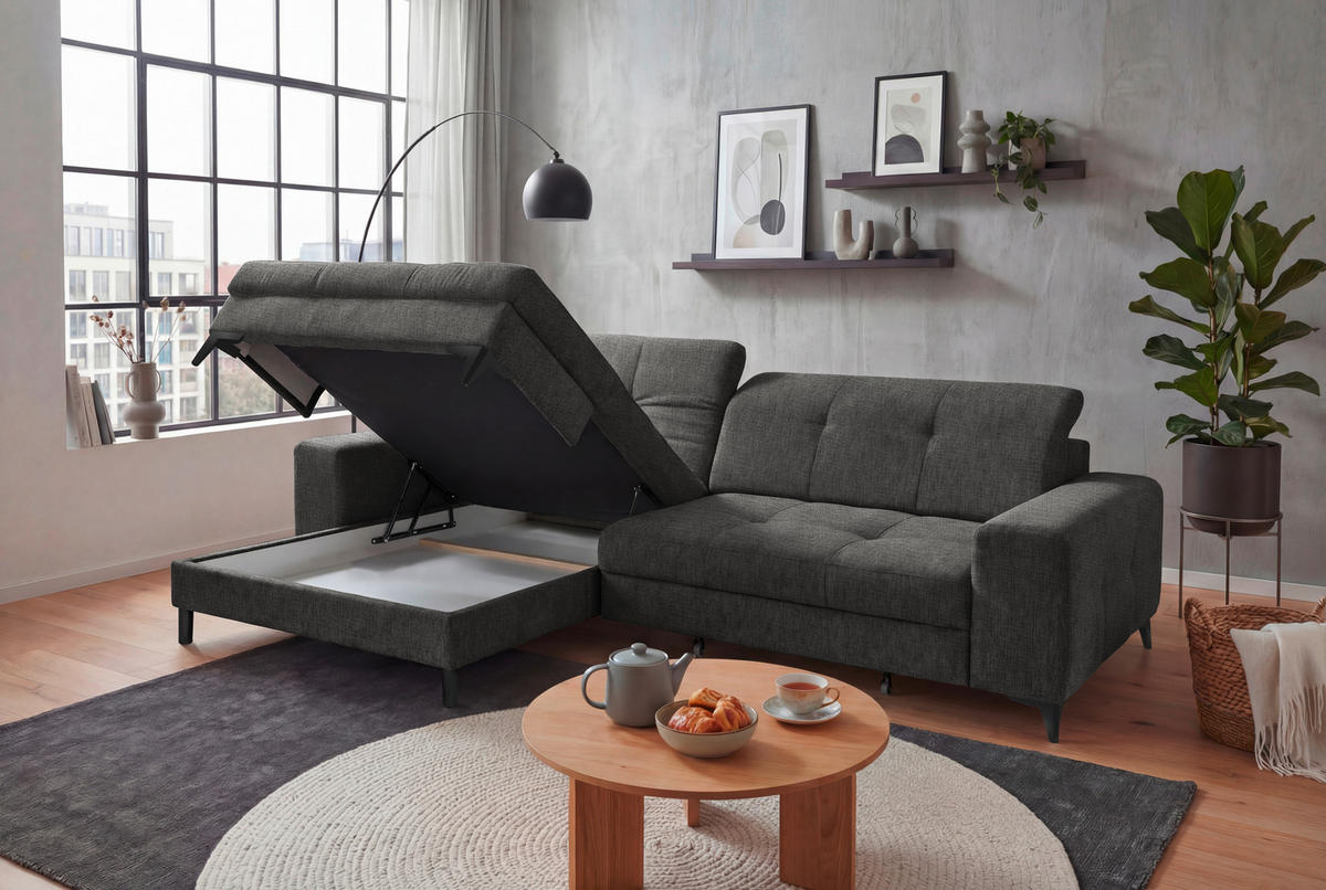 ECKSOFA SORELLA Graphitfarben Chenille Kopfteilverstellung, Sitztiefenverstellung  - Schwarz/Graphitfarben, Design, Kunststoff/Textil (182/328cm) - MID.YOU