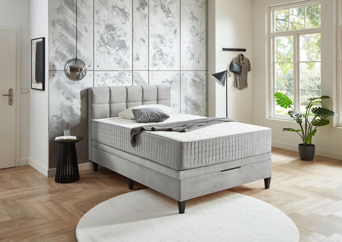 BOXBETT 140/200 cm,  in Hellgrau, Bettkasten, Matratzen, H2 + H3 = mittel + fest  - Hellgrau, KONVENTIONELL, Textil (140/200cm) - Boxxx