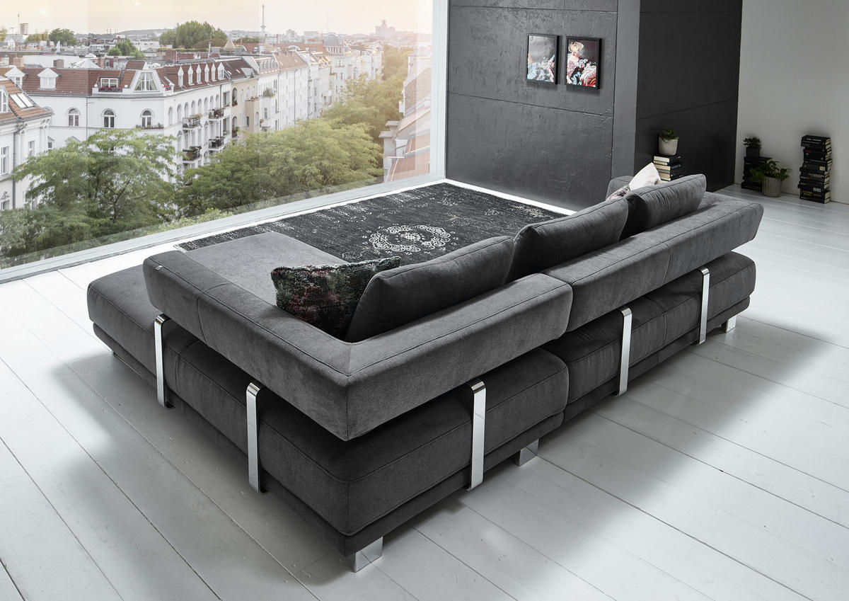 ECKSOFA in Chenille Grau  - Chromfarben/Grau, Natur, Textil/Metall (297/214cm) - Valdera