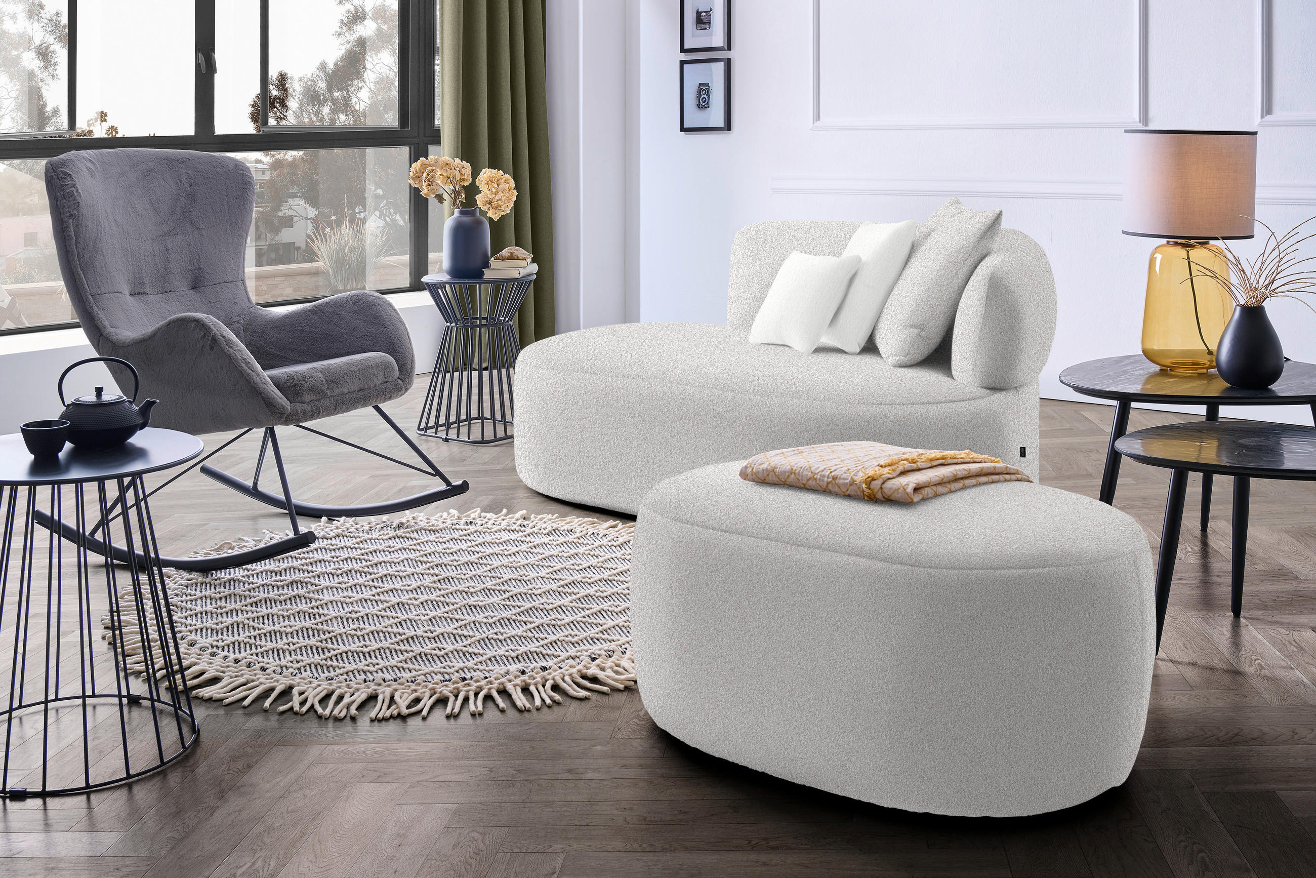 RÉCAMIERE in Bouclé Creme, Beige  - Beige/Creme, MODERN, Kunststoff/Textil (166/86/105cm) - Hom`in