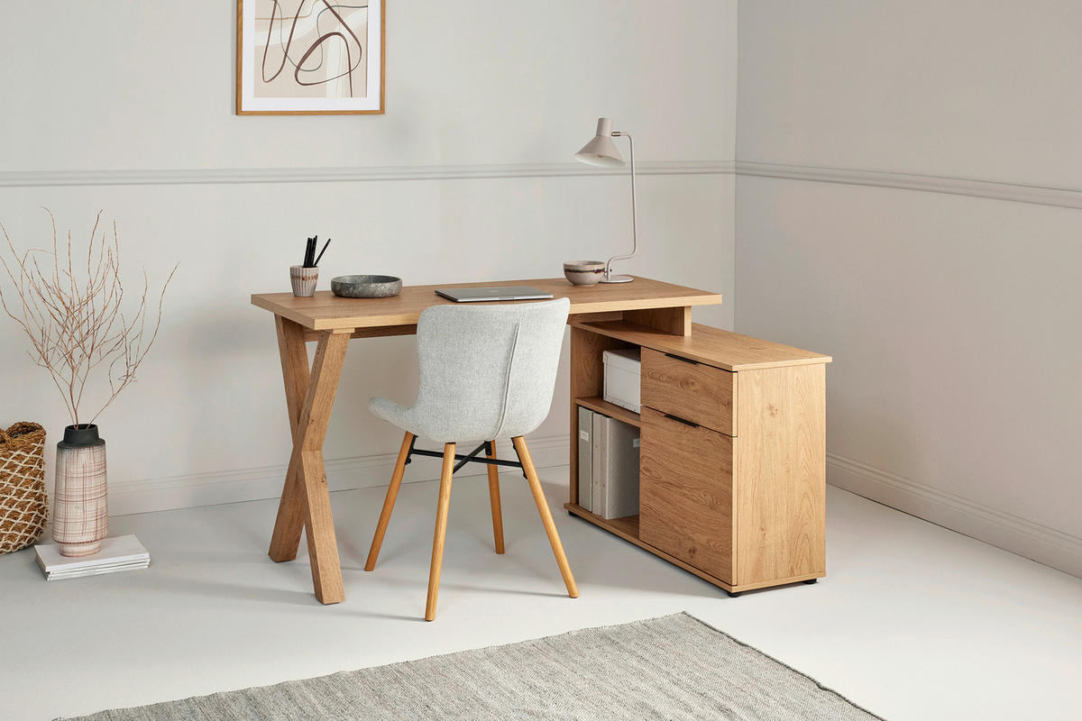 ECKSCHREIBTISCH 140/95/76 cm Eichefarben Kabeldurchlass, Stauraum, seitenverkehrt montierbar, in verschiedenen Holz-Dekoren erhältlich  - Eichefarben/Schwarz, MODERN, Holzwerkstoff/Metall (140/95/76cm) - MID.YOU