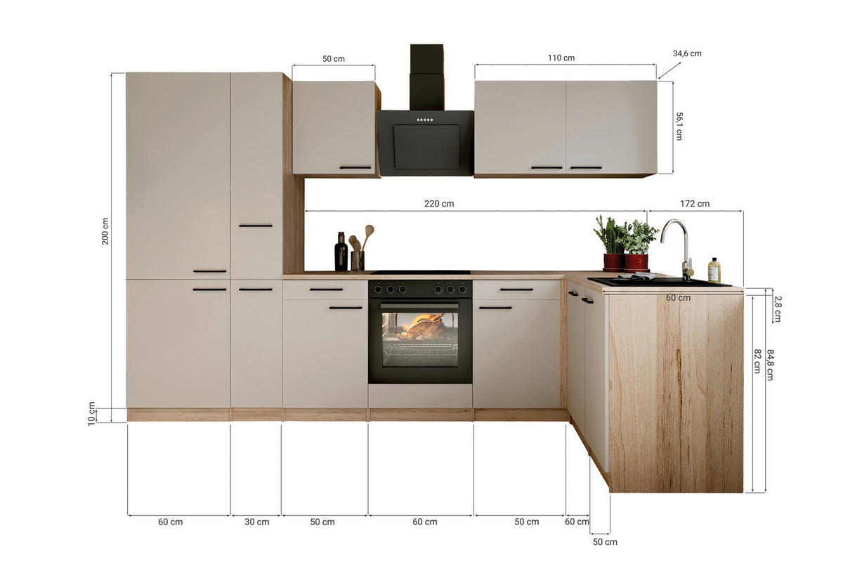 ECKKÜCHE Merle 310/172 cm  in Kaschmir  - Kaschmir/Eichefarben, Trend, Holzwerkstoff/Metall (310/172cm) - Respekta