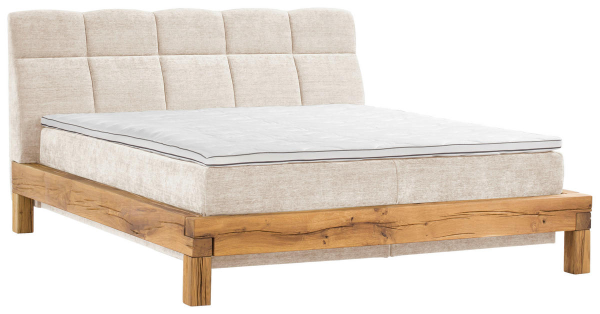 BOXSPRINGBETT 160/200 cm,  in Beige, Matratze, gepolstertes Kopfteil, Topper, H4 + H4 = sehr fest  - Beige/Buchefarben, Natur, Holz/Textil (160/200cm) - Livetastic