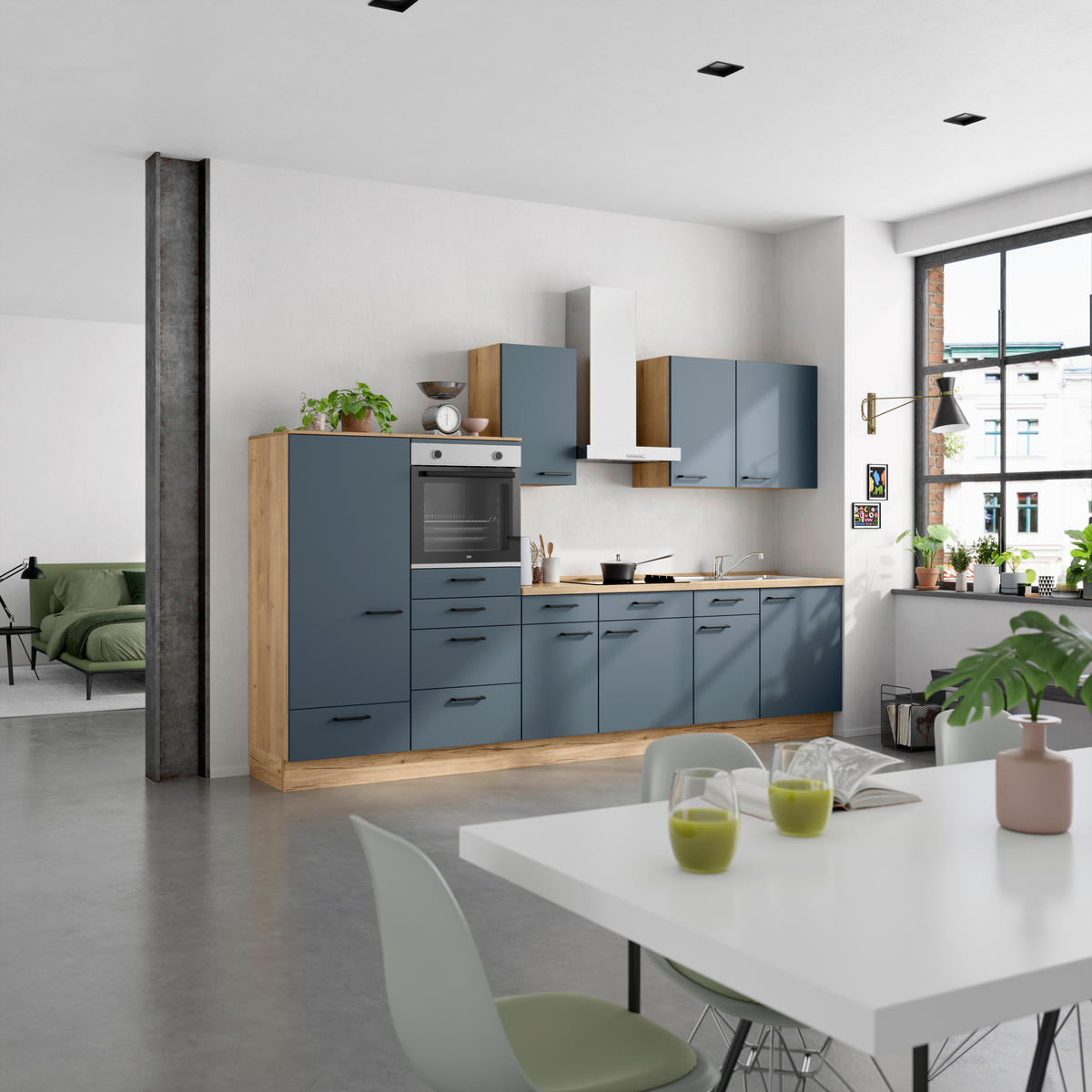 KÜCHENBLOCK Easytouch 330 cm  in Blau, Eichefarben  - Blau/Eichefarben, MODERN, Holzwerkstoff/Metall (330cm) - Nobilia