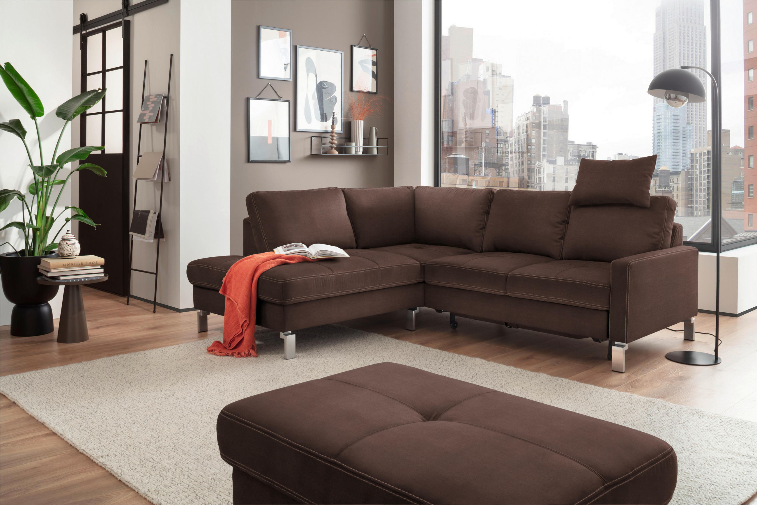 ECKSOFA in Mikrofaser Braun  - Chromfarben/Beige, Design, Textil/Metall (200/229cm) - Pure Home Lifestyle