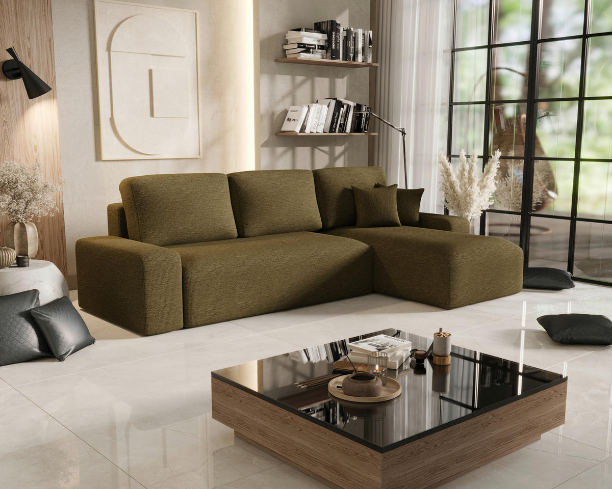 ECKSOFA Khaki Bouclé Zierkissen, Rückenkissen, Bettkasten, Schlaffunktion, Rücken echt, Stauraum  - Khaki/Schwarz, MODERN, Kunststoff/Textil (248/143cm) - Xora