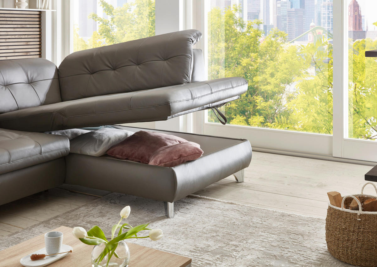 ECKSOFA in Echtleder Grau  - Alufarben/Grau, Design, Leder/Metall (309/211cm) - Beldomo Speed