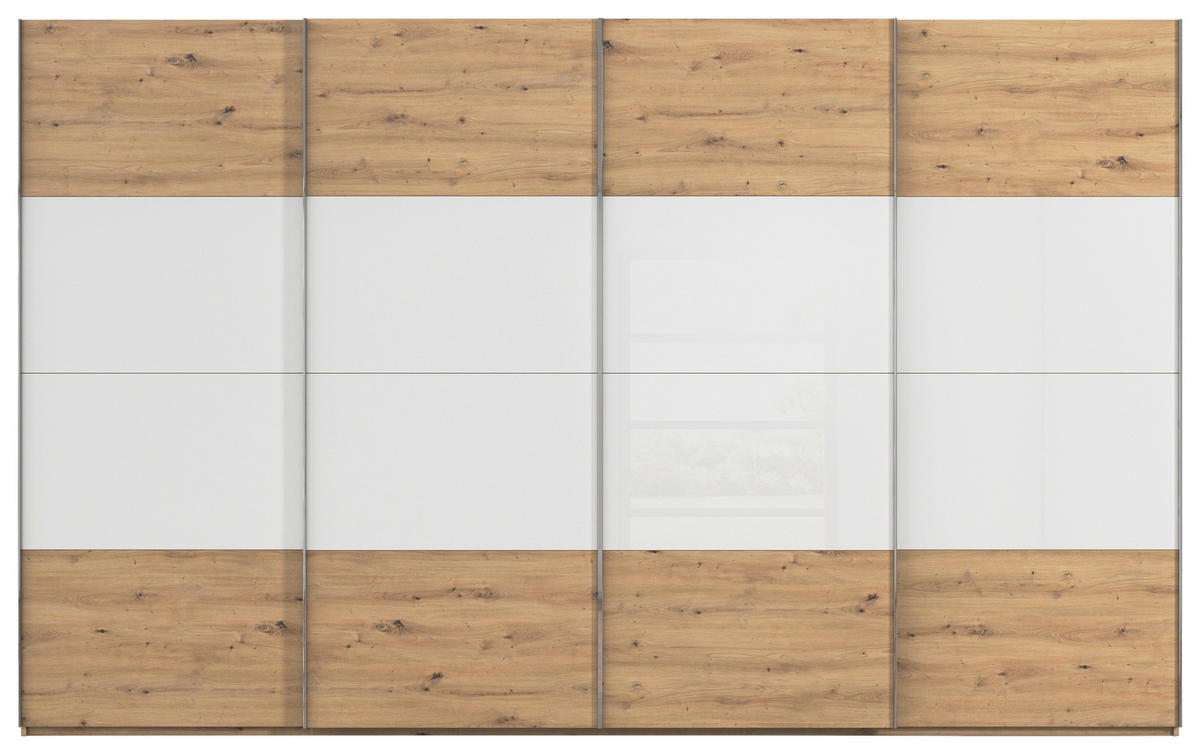 SCHWEBETÜRENSCHRANK 361/235/68 cm 4-türig Weiß, Eiche Artisan  - Chromfarben/Weiß, KONVENTIONELL, Glas/Holzwerkstoff (361/235/68cm) - Novel