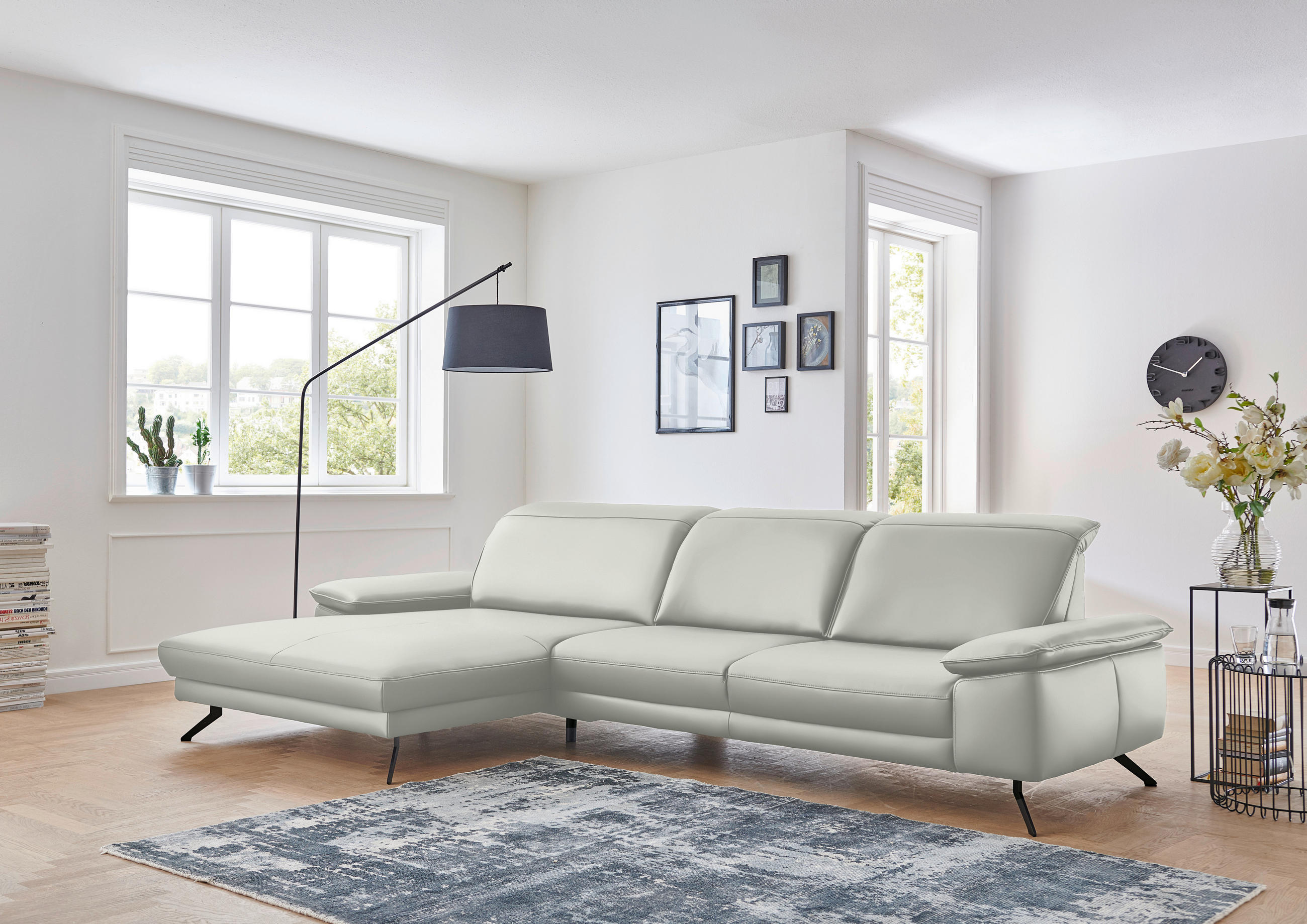 ECKSOFA in Echtleder Hellgrau  - Hellgrau/Schwarz, Design, Leder/Metall (193/328cm) - Dieter Knoll