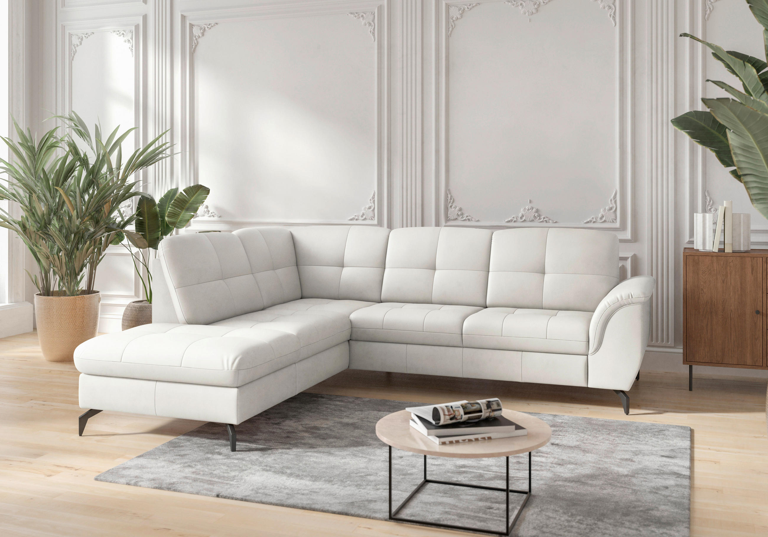 ECKSOFA in Vliesstoff Kombination Echtleder/Stoff Weiß  212/244 cm  - Schwarz/Weiß, MODERN, Leder/Textil (212/244cm) - Sit & More