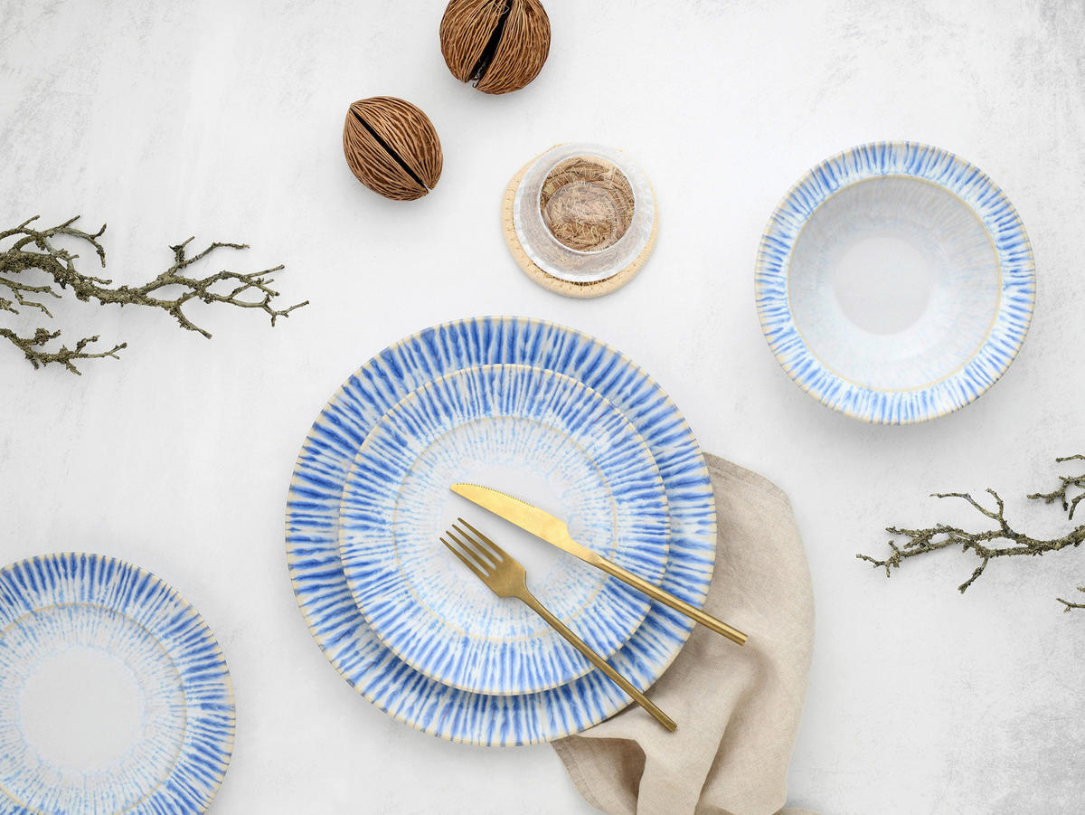 JÍDELNÍ SOUPRAVA, kamenina - bílá/světle modrá, Design, keramika - Creatable