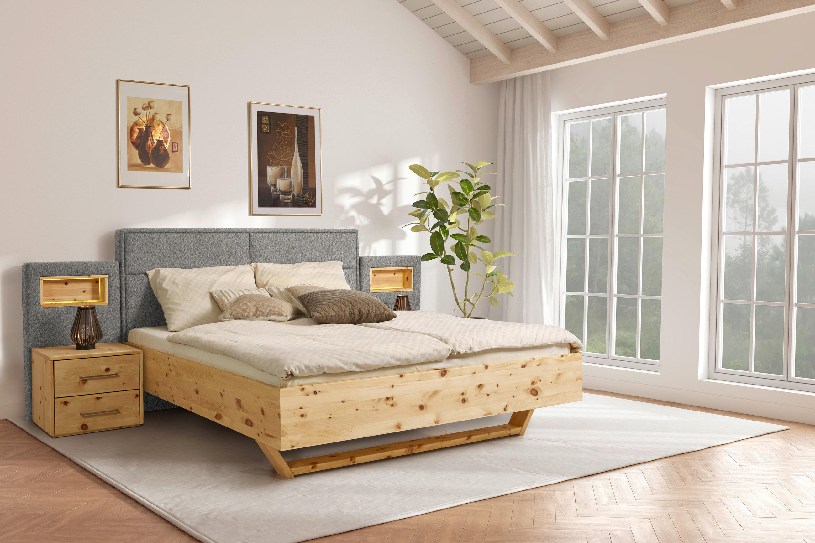 BETT 180/200 cm  in Zirbelkieferfarben, Greige   - Greige/Zirbelkieferfarben, Natur, Holz/Textil (180/200cm) - Valnatura