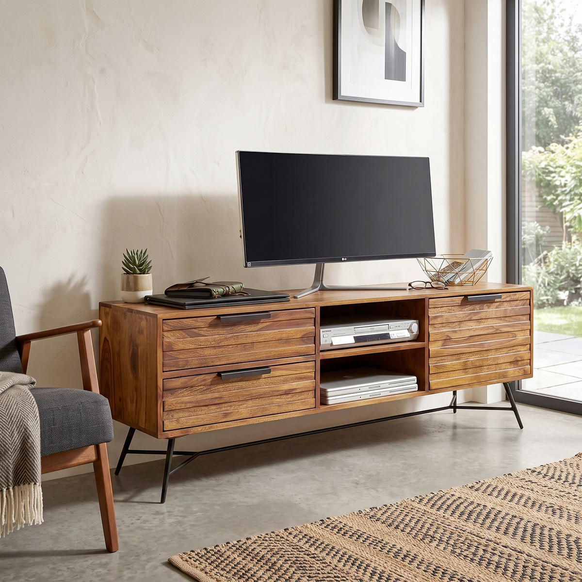 SIDEBOARD  160/54/40 cm 2 Schublade(n)  - Sheeshamfarben/Schwarz, Design, Holz/Metall (160/54/40cm) - MID.YOU
