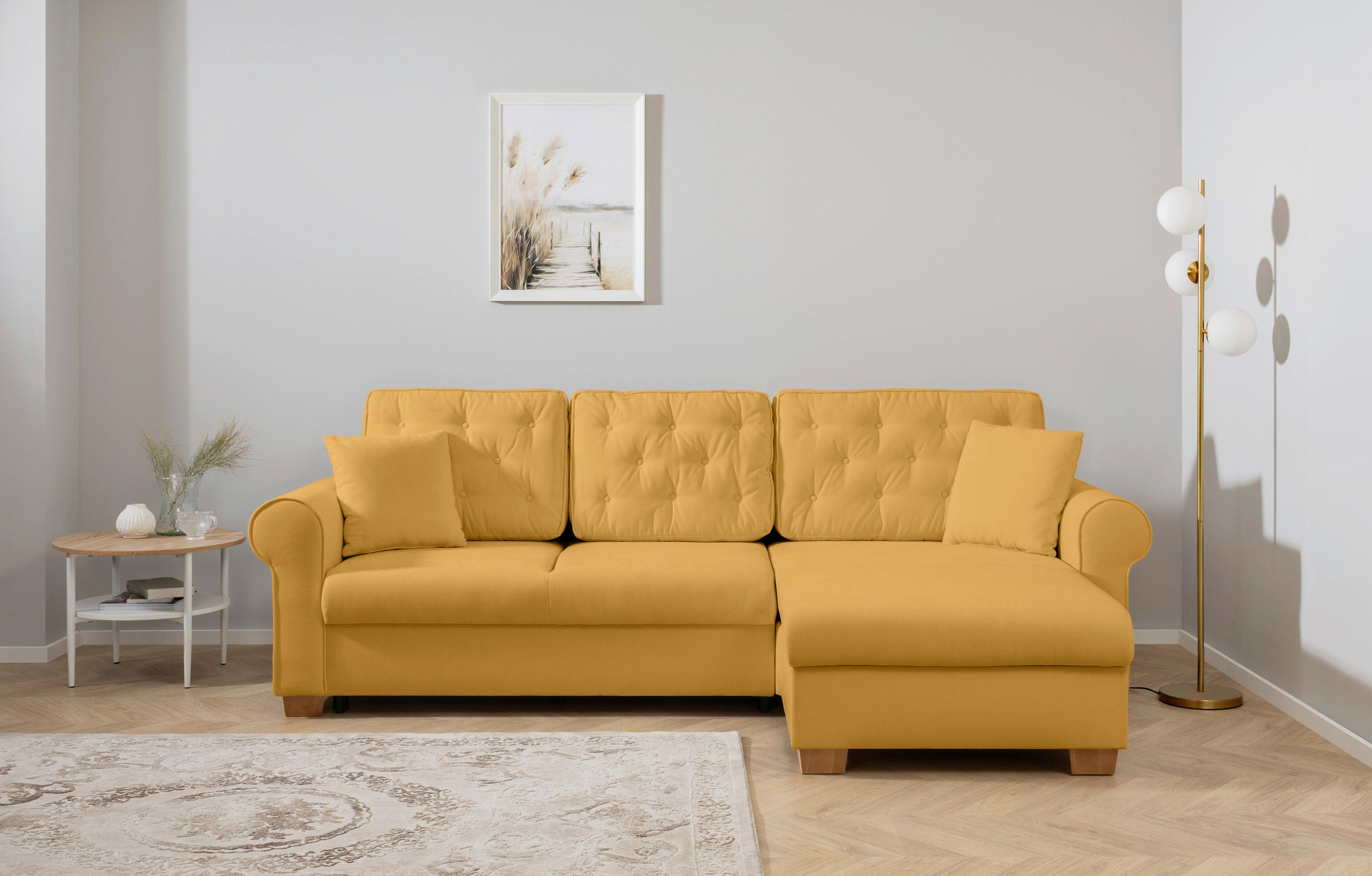 ECKSOFA in Gelb  - Gelb/Buchefarben, Design, Holz/Textil (266/161cm) - MID.YOU