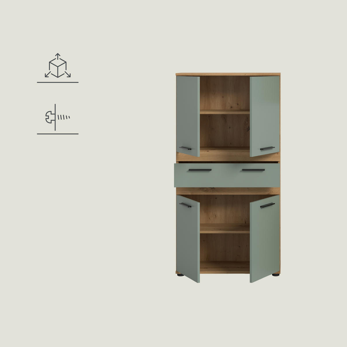 MIDISCHRANK 70/137/31 cm  - Salbeigrün/Schwarz, Trend, Holzwerkstoff/Kunststoff (70/137/31cm) - MID.YOU