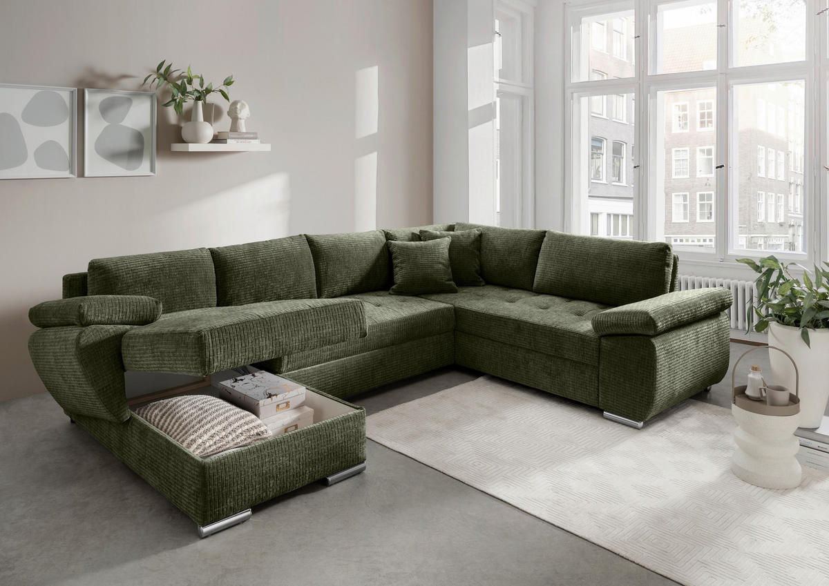 WOHNLANDSCHAFT Olivgrün Mikrofaser  - Chromfarben/Olivgrün, KONVENTIONELL, Textil/Metall (157/305/219cm) - Livetastic
