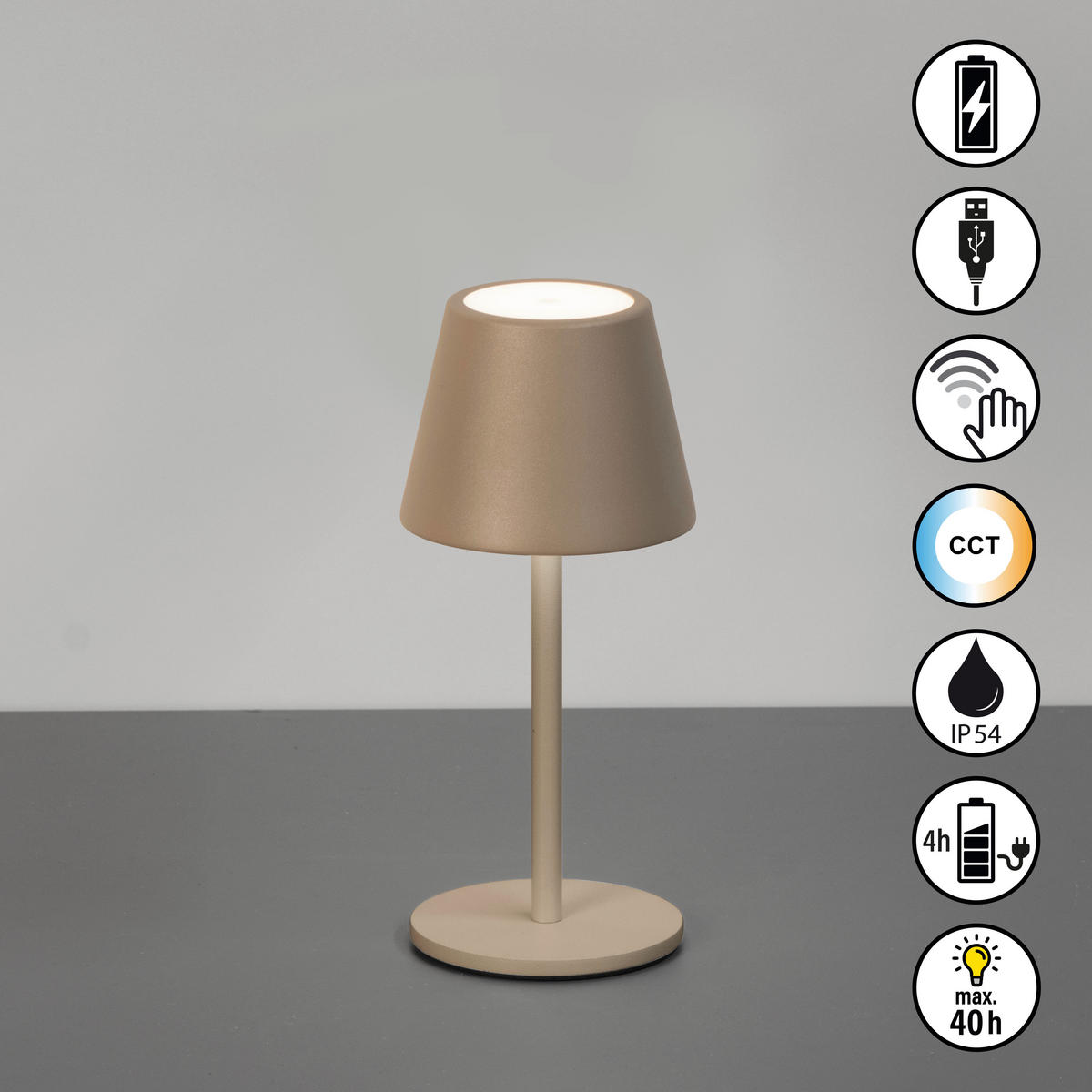 AKKU-TISCHLEUCHTE Salerno 8,5/20 cm  - Graubraun, Design, Metall (8,5/20cm)