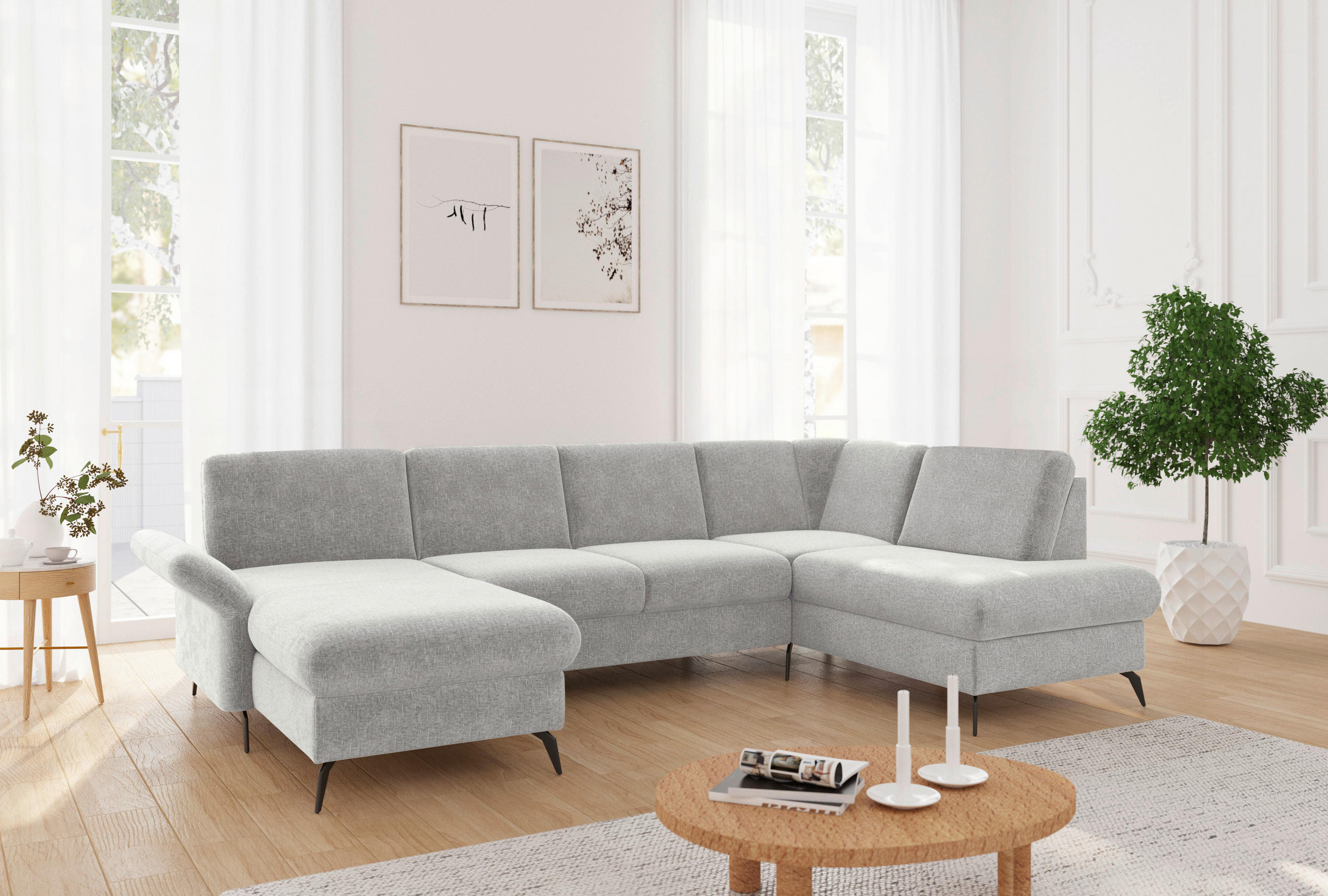 WOHNLANDSCHAFT Hellgrau Flachgewebe  - Hellgrau/Schwarz, KONVENTIONELL, Textil/Metall (164/314/195cm) - Sit & More