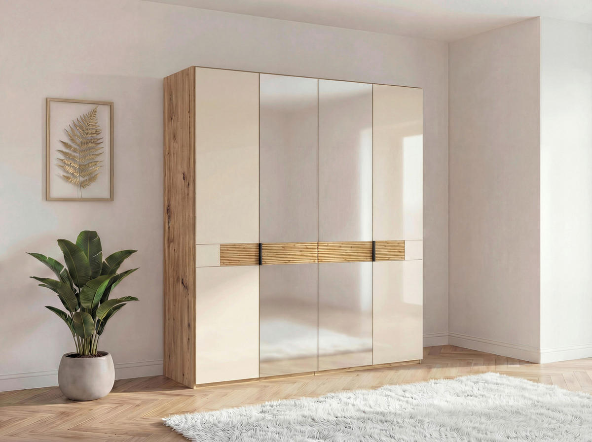 DREHTÜRENSCHRANK 200/216/58 cm,  in Eichefarben, Champagner, 4 Tür(en)  - Schieferfarben/Champagner, Design, Glas/Holz (200/216/58cm) - Musterring