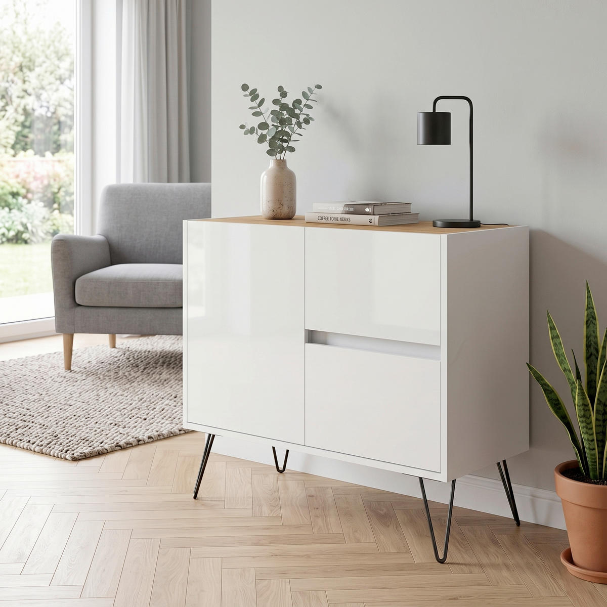 SIDEBOARD Posseik Industrial 79/75,8/42 cm 2 Schublade(n)  - Weiß Hochglanz/Eichefarben, Design, Holzwerkstoff/Metall (79/75,8/42cm) - MID.YOU