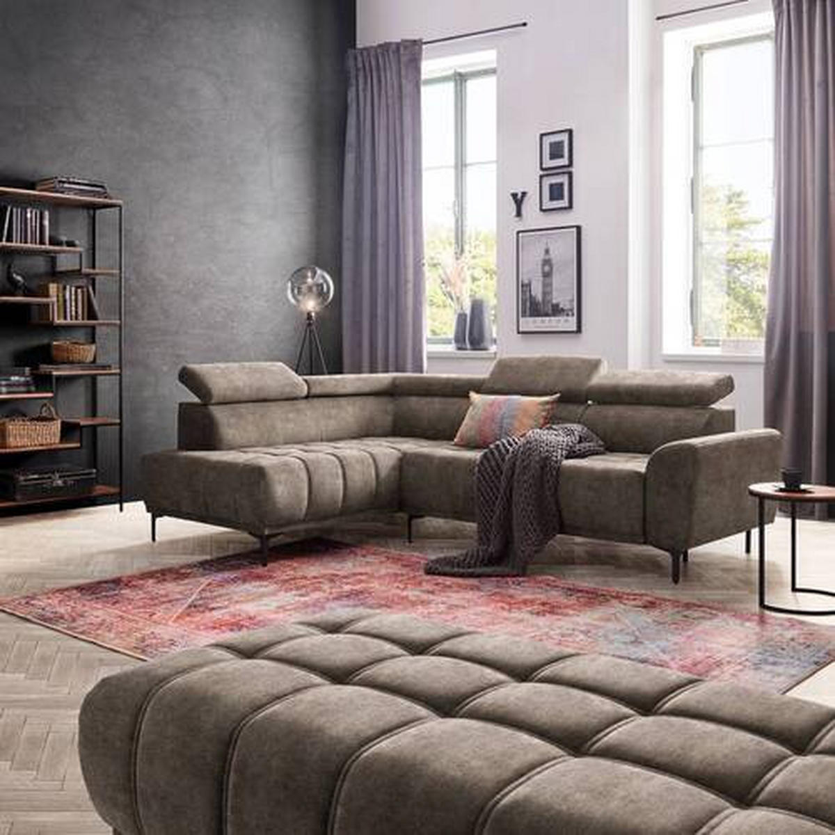 ECKSOFA in Velours Braun  - Schwarz/Braun, Design, Textil/Metall (191/261cm) - Stylife