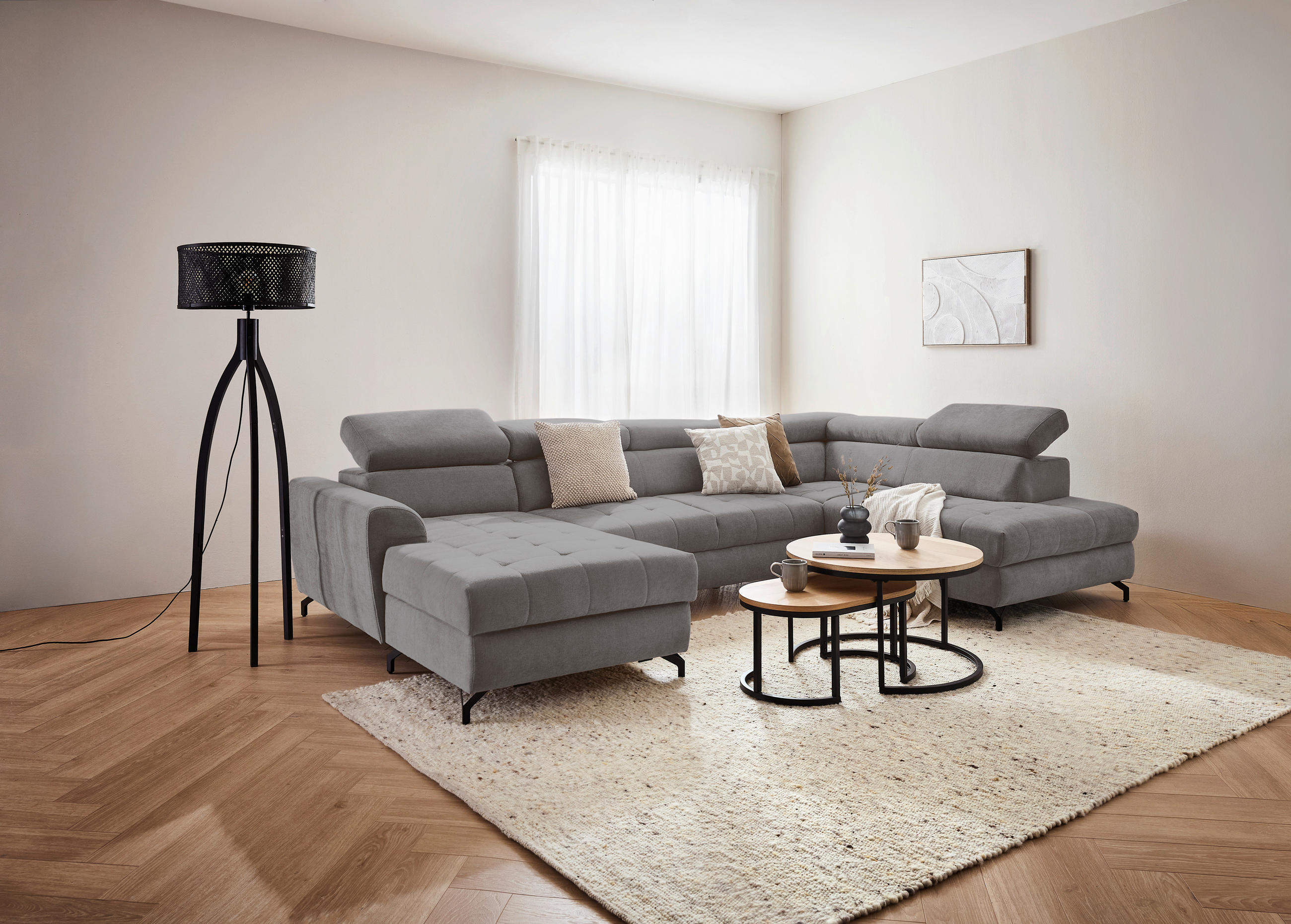 WOHNLANDSCHAFT Grau Struktur  - Schwarz/Grau, Design, Textil/Metall (177/327/203cm) - Stylife